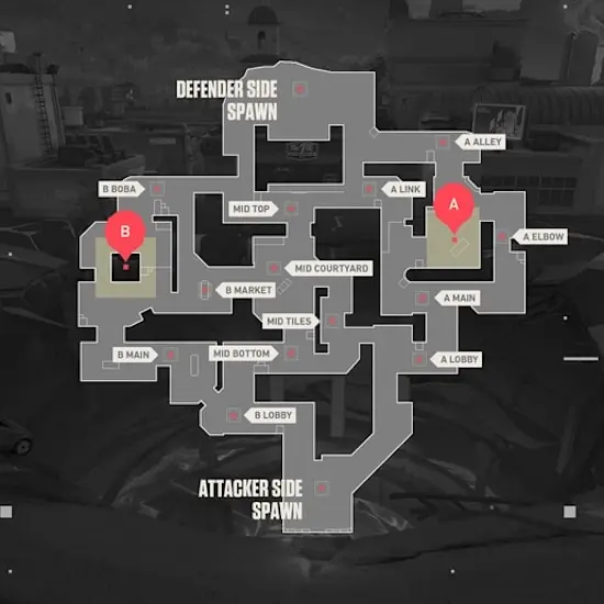 Overhead tactical map view showing attacker and defender chokepoints and rotation routes
